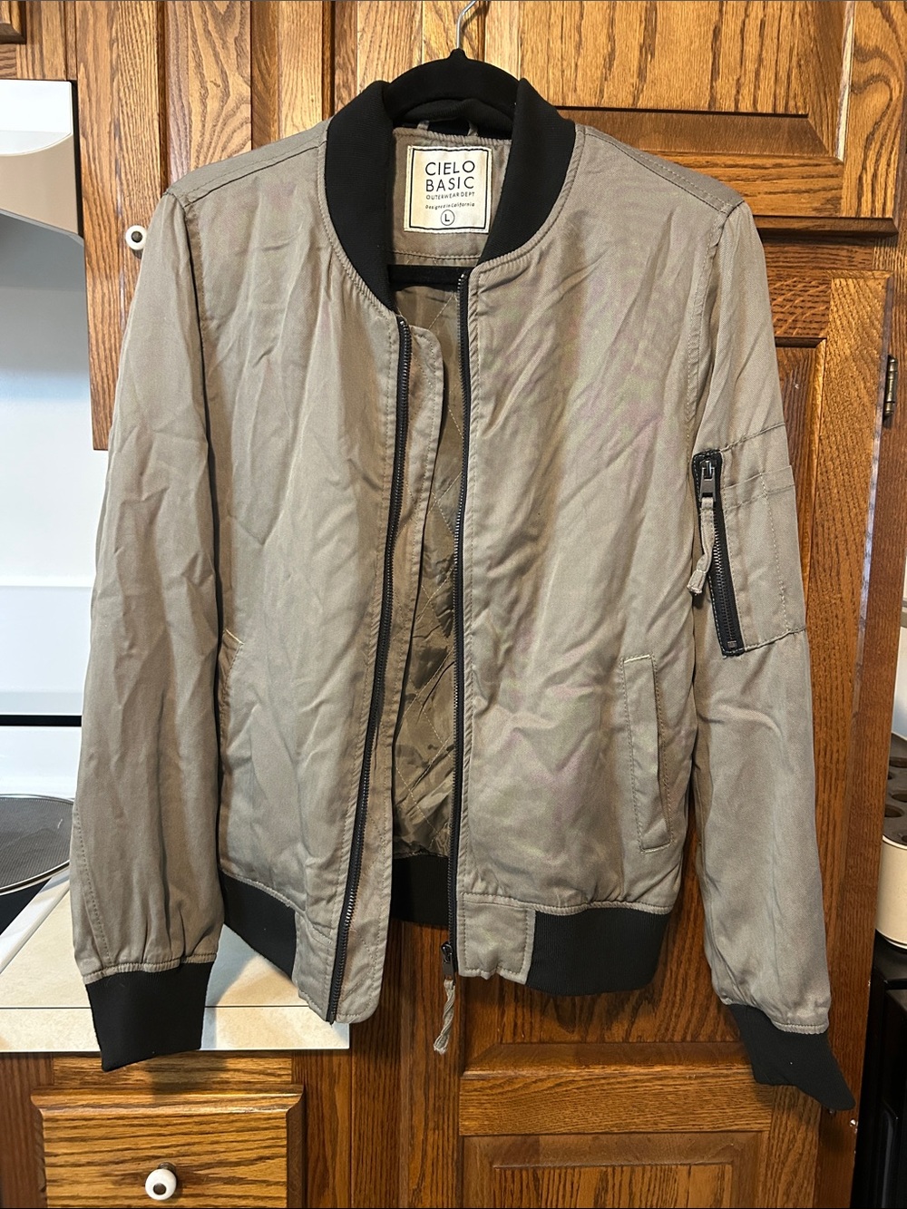 Cielo taupe bomber jacket with black trim